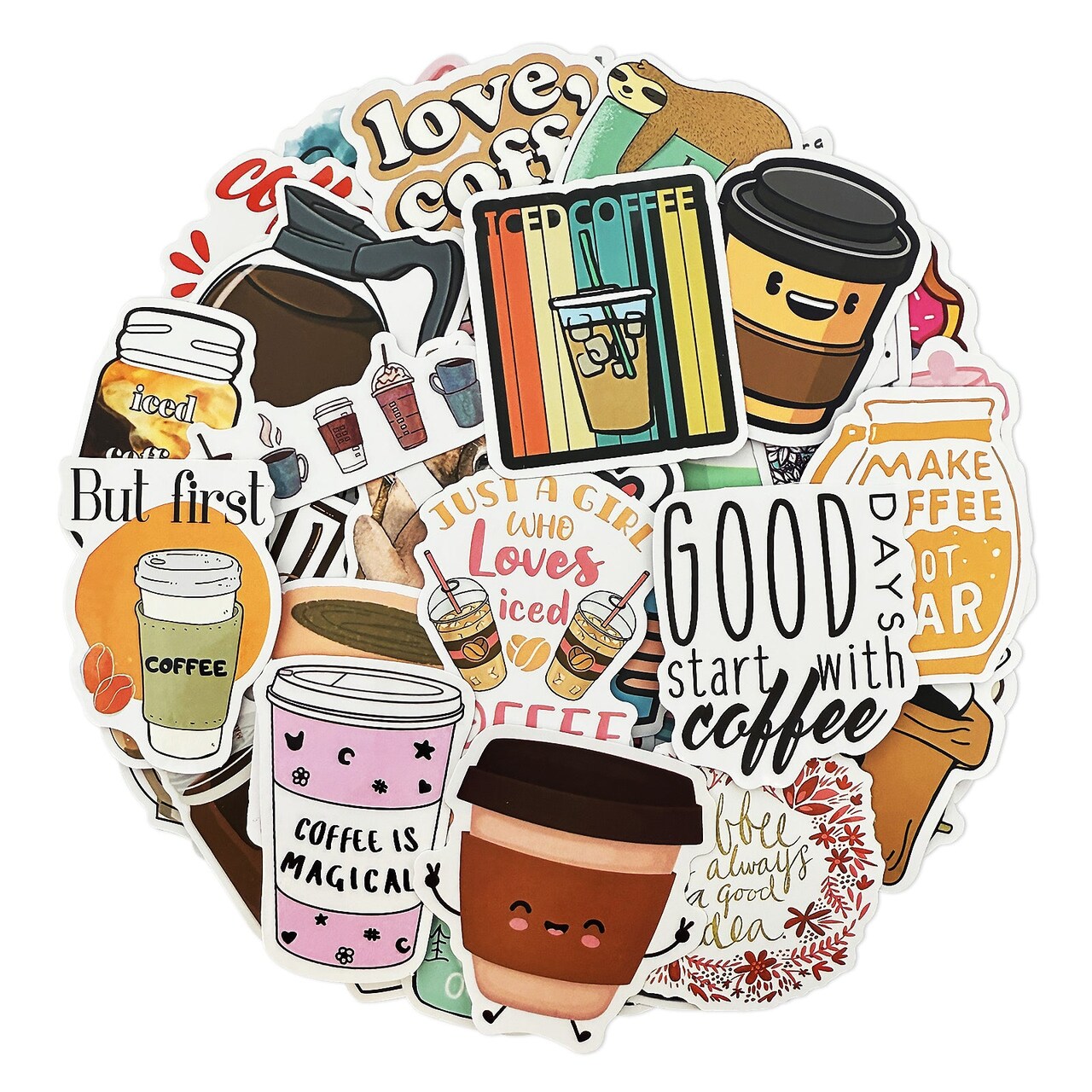 Wrapables Waterproof Vinyl Stickers for Water Bottles, Laptop, Phones, Skateboards, Decals for Teens, 100pcs, Coffee Time